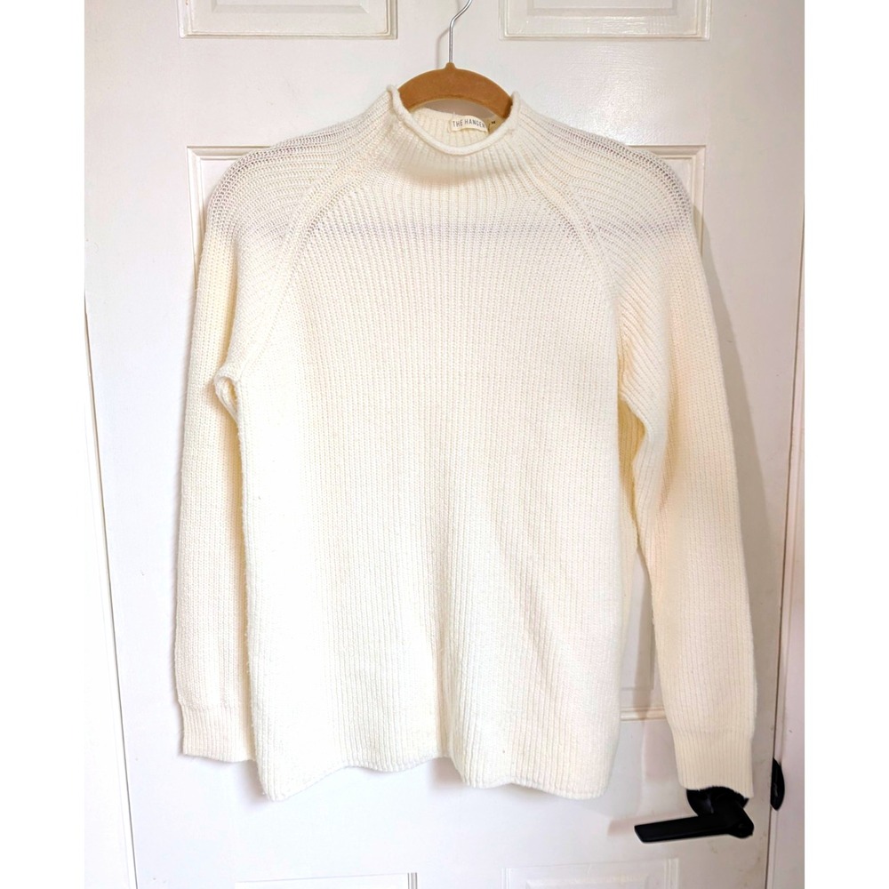 THE HANGER Ivory Solid Ribbed Knit Crew Neck Raglan Long Sleeve Sweater M